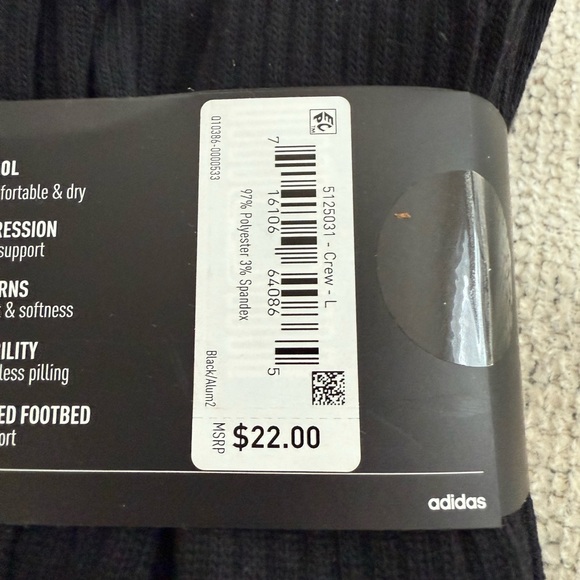 adidas Men's Black Athletic Crew Socks - 6 Pack - Picture 4 of 5